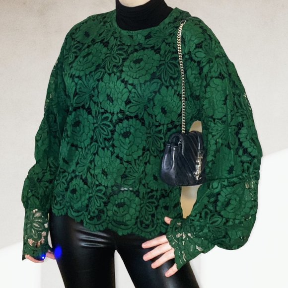 handmade Tops - Handmade Emerald Green Lace Balloon Sleeve Blouse Size SMALL/MEDIUM
